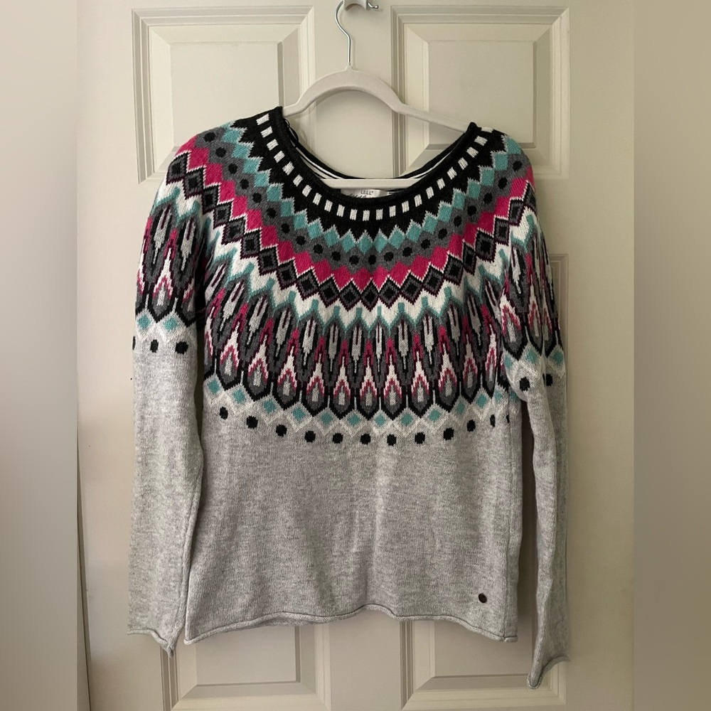 H&M L.O.G.G Nordic Faire sweater gray with print crew neck knit pullover size S